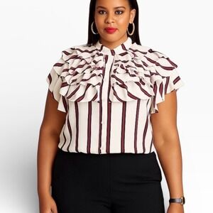 Dice Womens XL Striped Ruffle Tiered Button Front Blouse White Burgundy DCT5569